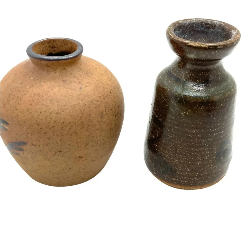 Mini Vases Set Of Two Beige Brown Ceramic Portable Signed Mid Century Charming - Picture 4 of 12